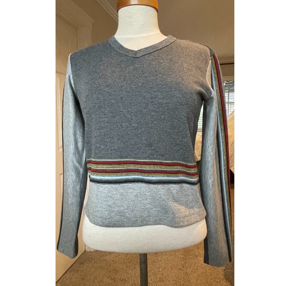 Weavers Girl Junior 90s Gray Blue Red Gold Black Stripe M Long Sleeve Tee USA